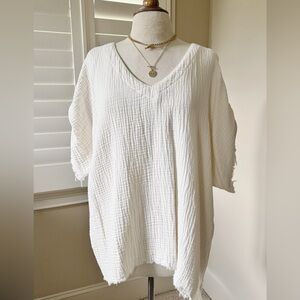 💯 Cotton Double GAUZE V-NECK Loose Short Sleeve Top NEW